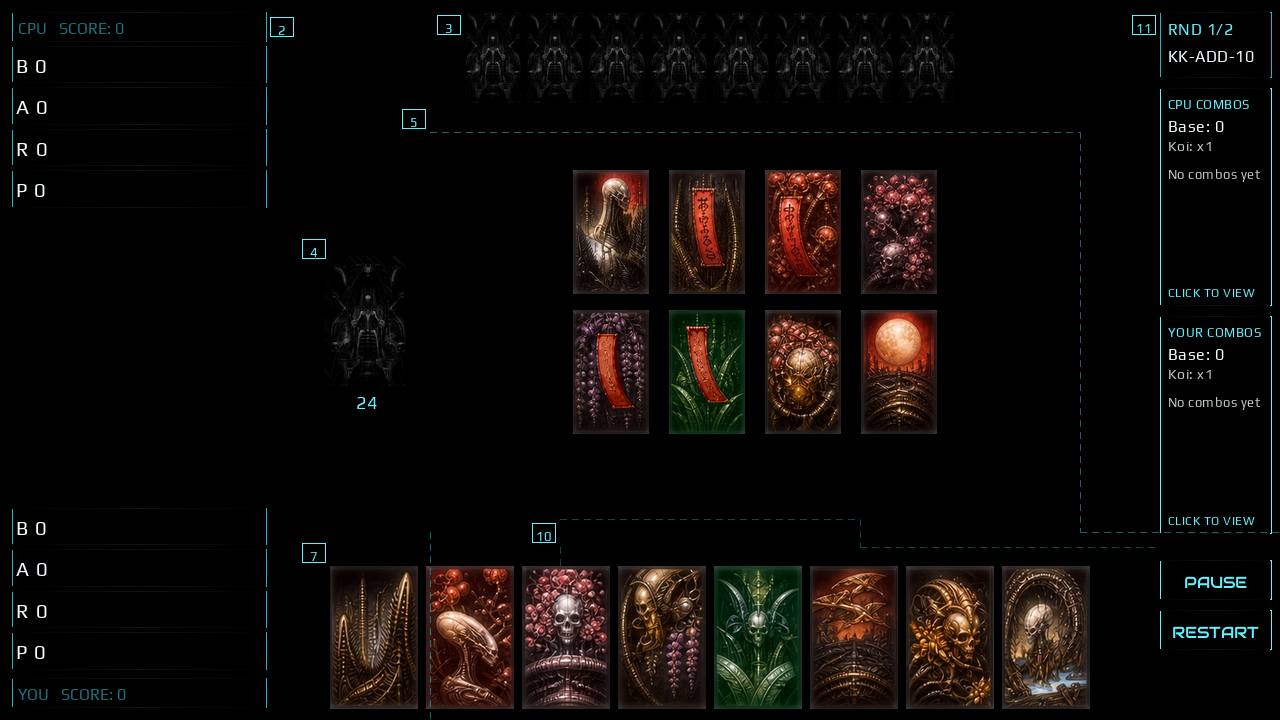 The whole play screen at one pixel per game pixel: his eight face-down cards across the top, the eight card faces of the field in two rows in the middle, the stock of stacked card backs at the left, your eight face-up cards along the bottom, four capture lanes per side down the left edge, and the round, ruleset, combo and pause panels down the right.