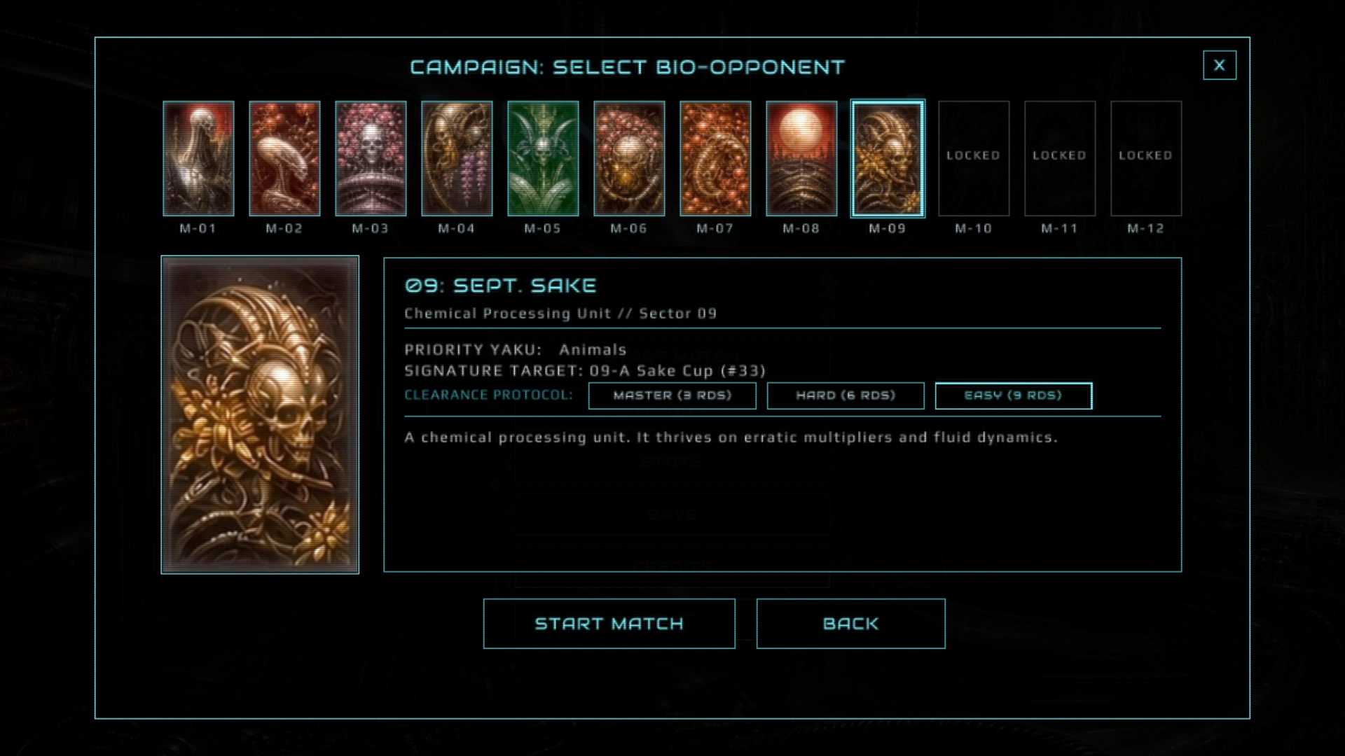 The campaign select screen: twelve portrait tiles in a row labelled M-01 to M-12, the first nine open and the last three reading LOCKED, the ninth selected with a large portrait beside a dossier that names the unit, its priority yaku, its signature target and three clearance buttons, with START MATCH and BACK below.