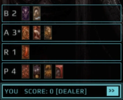 Close-up of one player's four capture lanes: Brights 2, Animals 3 with an asterisk, Ribbons 1, Plains 4, each lane showing a small picture of every card in it, and below them the score line YOU SCORE: 0 [DEALER] with a fast-forward button at the right.