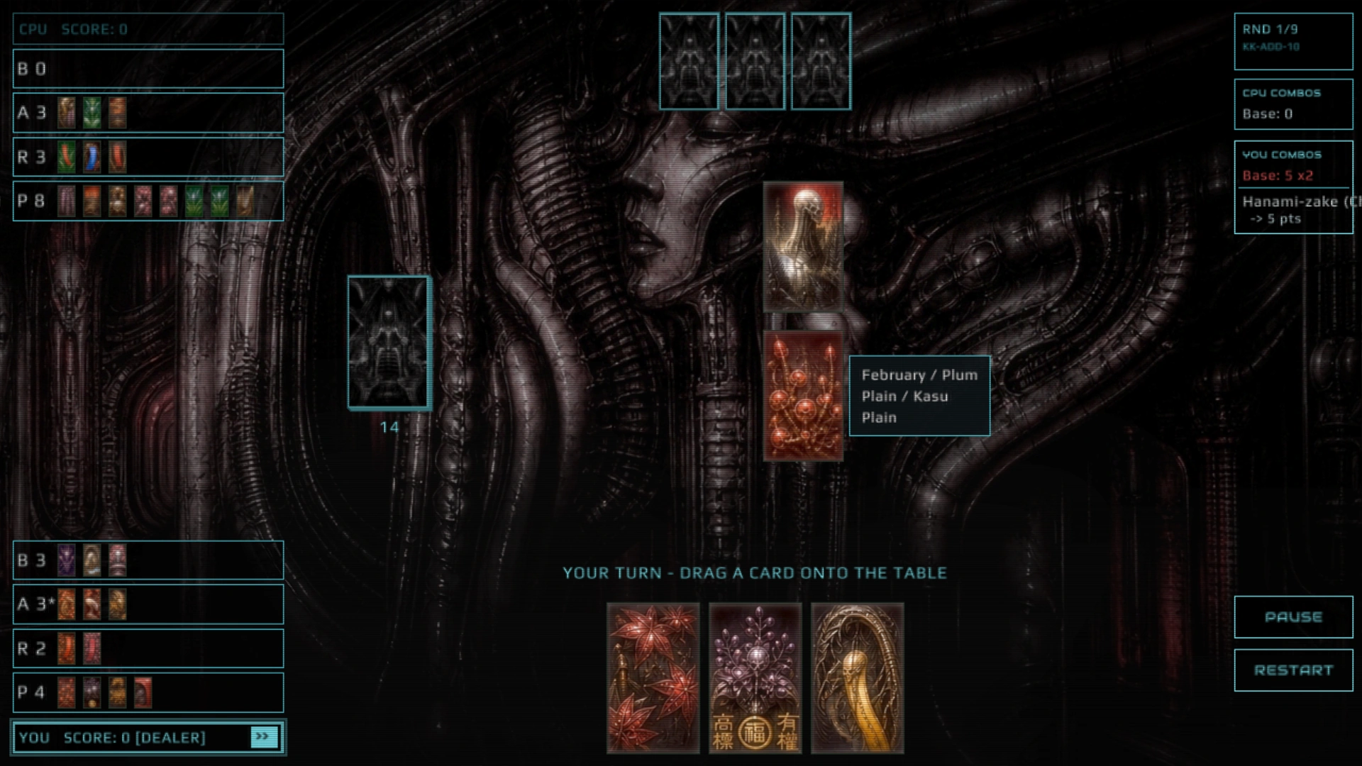 A round in progress with one field card held under the cursor and its tooltip open beside it, naming the month, the suit, the type and the card.