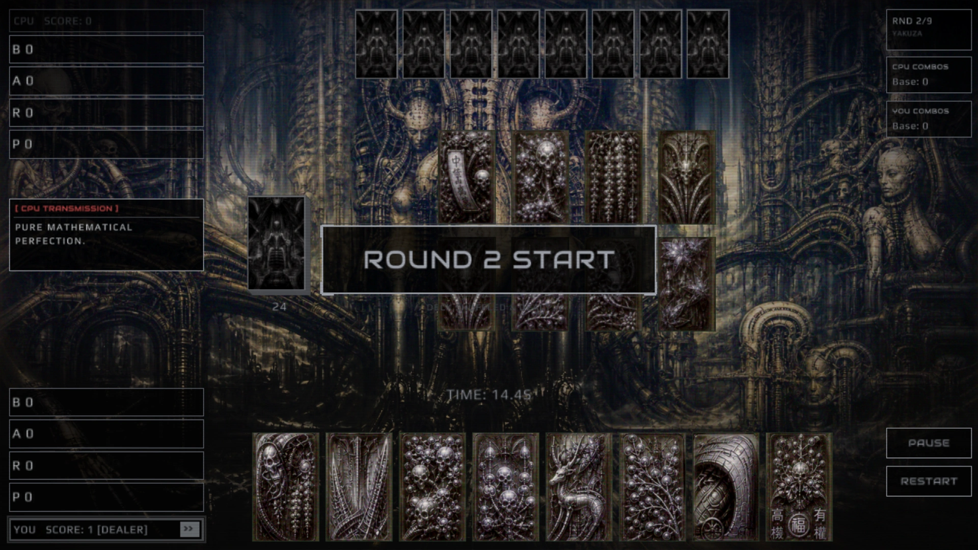 A round against DEUS SUPREMUS: every card in mono, the transmission panel at the left reading [ CPU TRANSMISSION ] PURE MATHEMATICAL PERFECTION., a ROUND 2 START banner across the middle, the clock reading TIME: 14.4S, and the right-hand column showing RND 2/9 with YAKUZA under it.