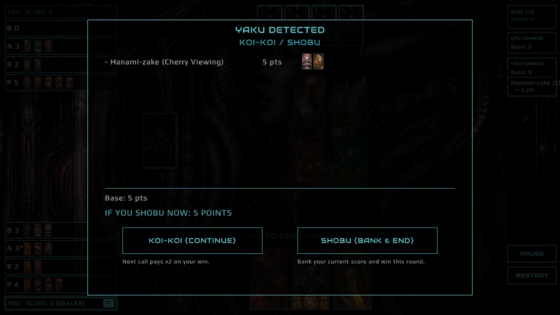 The Koi-Koi screen open over a darkened board: YAKU DETECTED, the one combo it found with its points and its cards, the base line, the award if you stop now, and the two buttons.