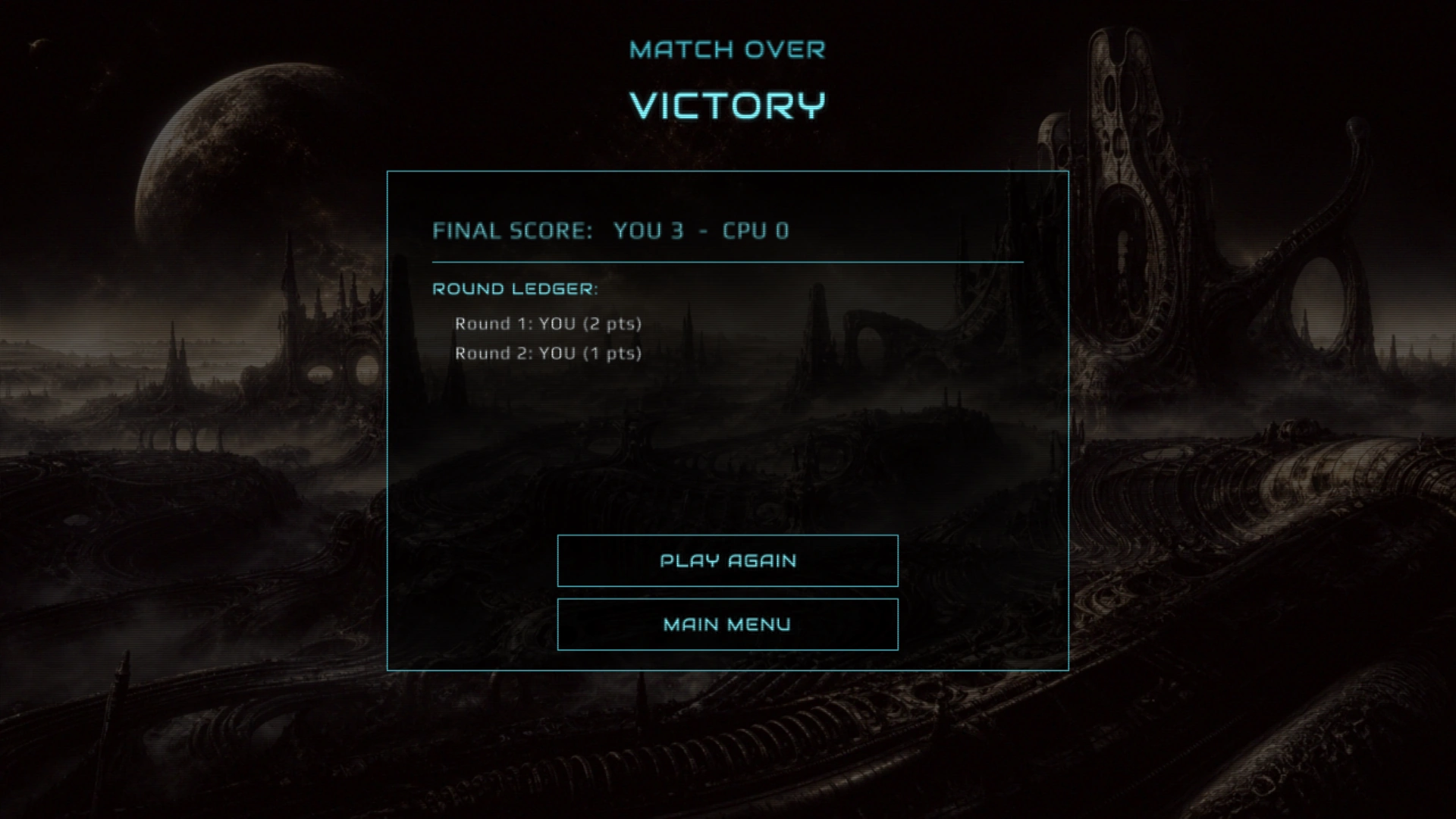 The match over screen: MATCH OVER and VICTORY above a panel reading FINAL SCORE: YOU 3 - CPU 0, a ROUND LEDGER listing each round and its winner, and PLAY AGAIN and MAIN MENU buttons, all over the planet background.