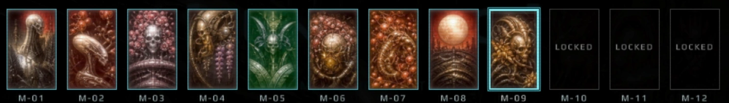 The twelve tiles in a row: nine Giger portraits of the monthly units with their slot captions M-01 to M-09, the ninth framed by its selection border, and M-10, M-11 and M-12 as empty cells reading LOCKED.
