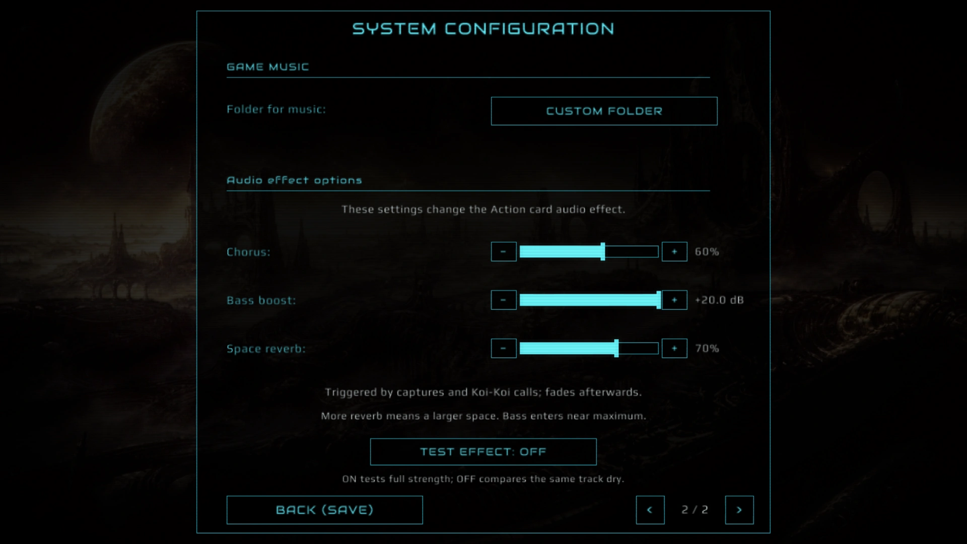 Current Options page 2: CUSTOM FOLDER for music, Chorus 60%, Bass boost +20.0 dB, Space reverb 70%, TEST EFFECT: OFF, and page 2 / 2.