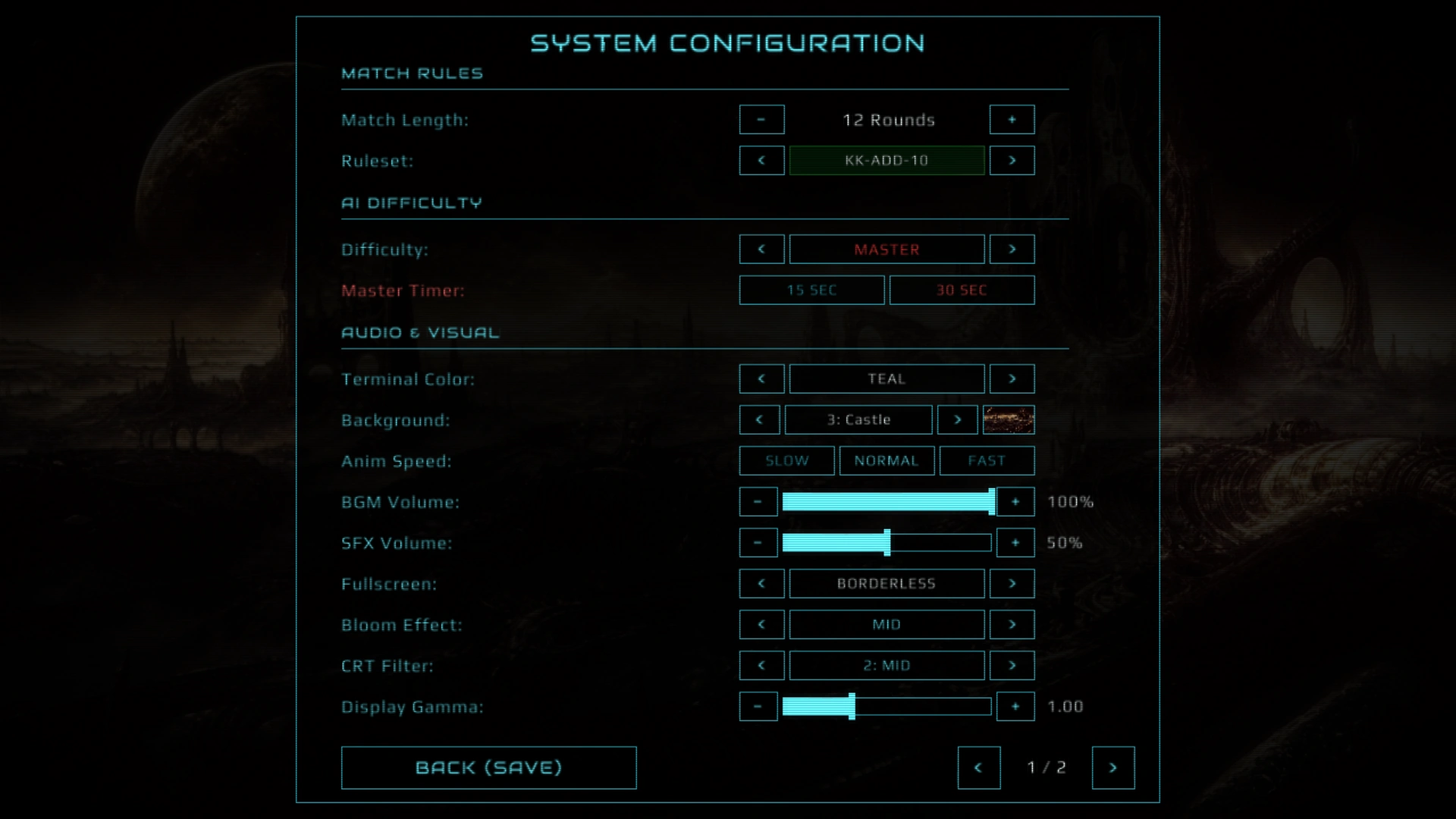 Current Options page 1: 12 Rounds, KK-ADD-10, MASTER with 15 SEC selected, TEAL, 3: Castle, SLOW animation, BGM 100%, SFX 50%, BORDERLESS, Bloom MID, CRT 2: MID, Display Gamma 1.00, and page 1 / 2.