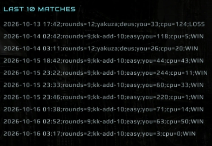 Close-up of the match log: the heading LAST 10 MATCHES and ten lines reading date, time, rounds, ruleset, difficulty, the two scores and the result, for example 2026-10-16 02:52;rounds=9;kk-add-10;easy;you=63;cpu=50;WIN.