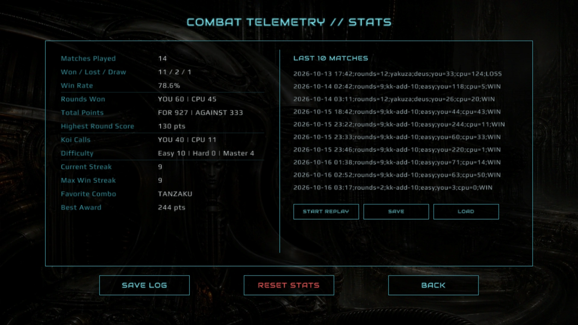 The stats screen: twelve rows of numbers on the left under COMBAT TELEMETRY // STATS, and on the right the LAST 10 MATCHES as ten raw record lines, with START REPLAY, SAVE and LOAD under them and SAVE LOG, RESET STATS and BACK along the bottom.