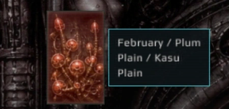 A field card with its tooltip beside it, reading February / Plum, Plain / Kasu, Plain.